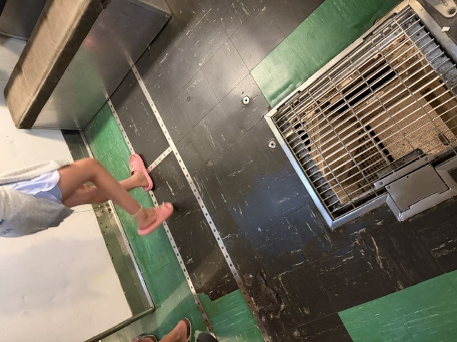 A visitor in sandals walks across a green-and-black tiled interior deck with a metal floor grating and a stainless steel bench aboard USS Alabama.