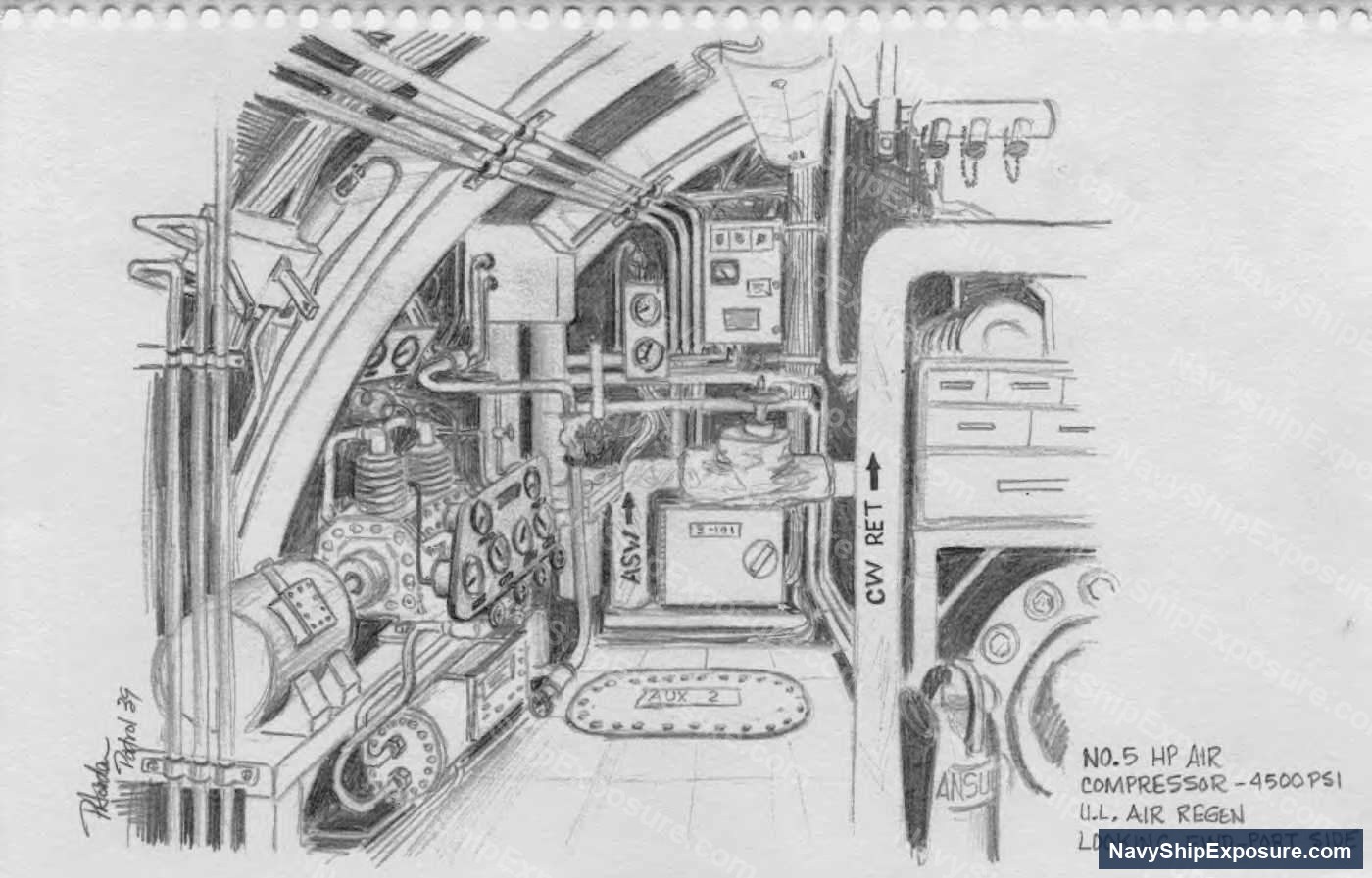 Technical schematic of a No. 5 HP Air Compressor (4500 PSI)