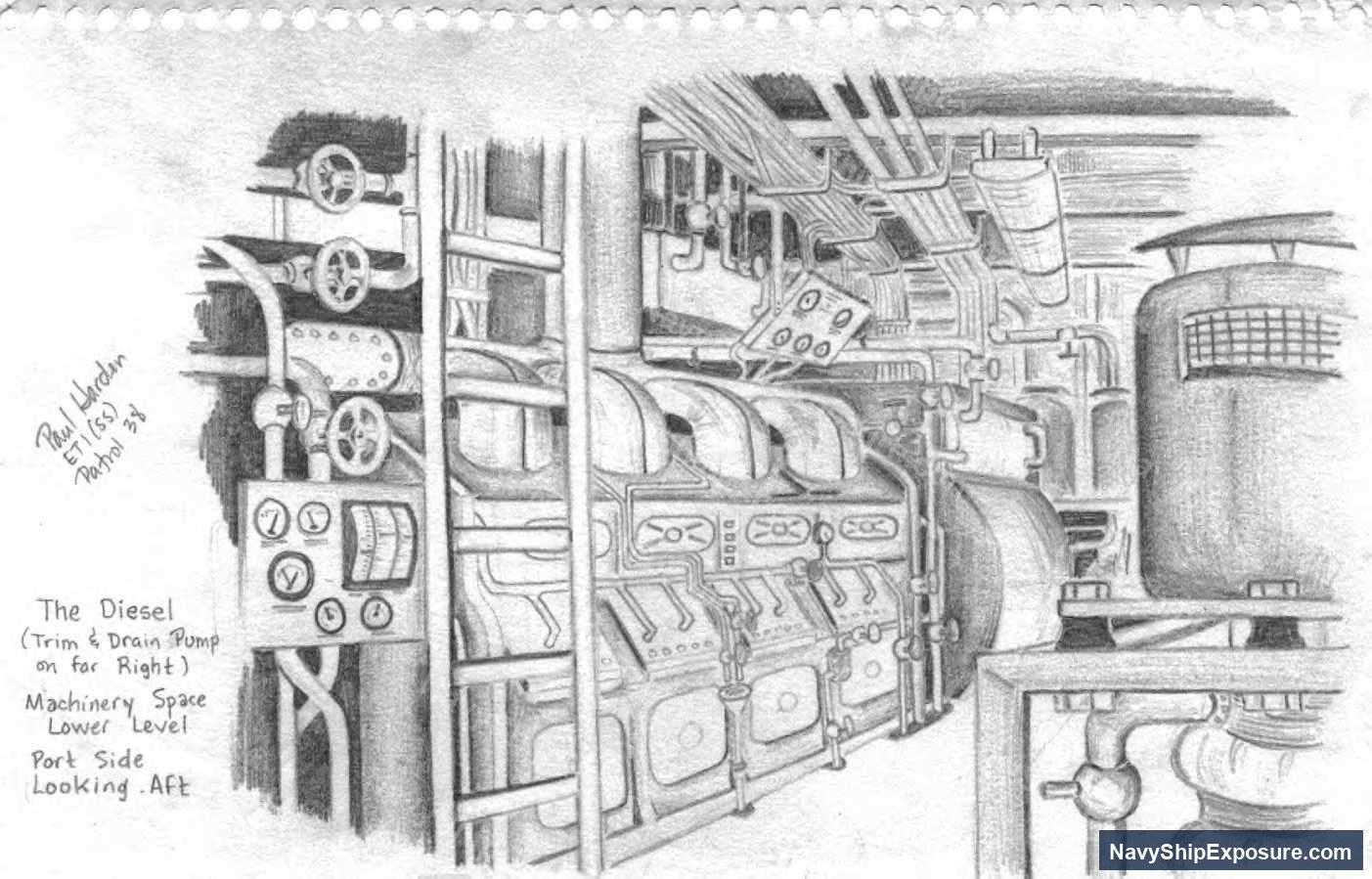 Technical sketch of diesel engine machinery space (lower level)