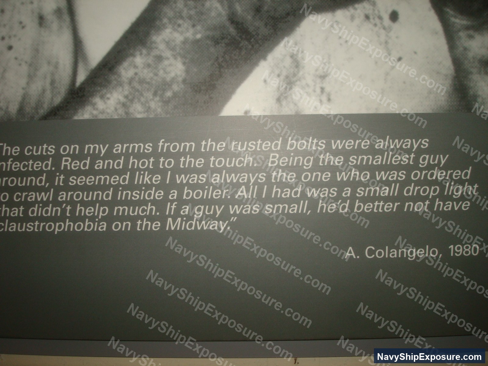 Historical testimony from 1980 by A. Colangelo describing occupational injuries from rusted bolts and confined space hazards while working in the boiler room of USS Midway.