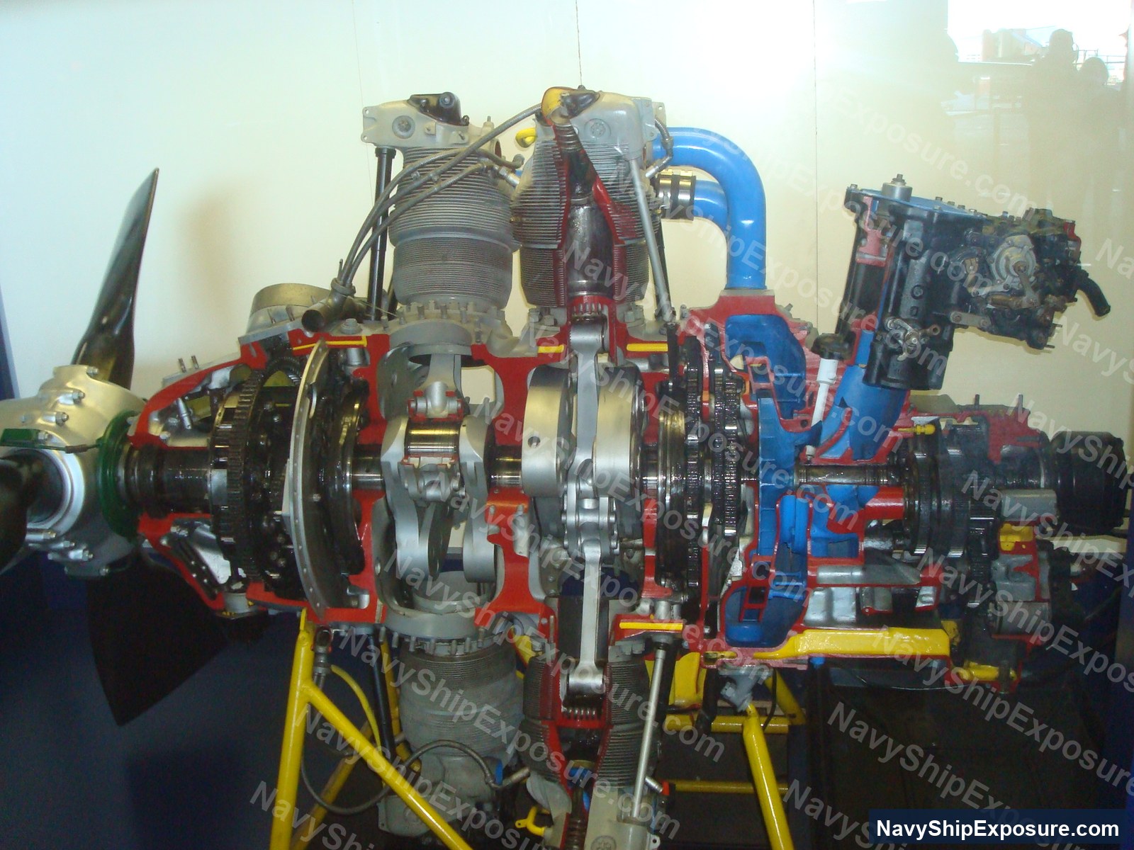 Cutaway model or display of a naval aircraft carrier propulsion system showing turbine, reduction gear, and engine components typical of USS Midway-class carriers from the WWII/Cold War era.