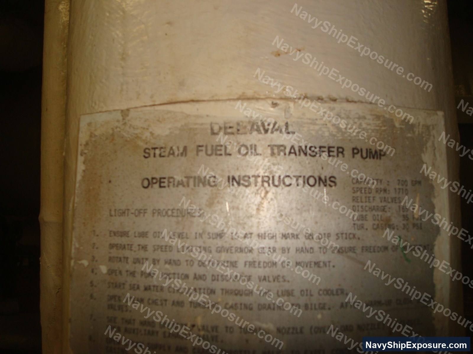Operating instructions document for a Deslaval steam fuel oil transfer pump used aboard USS Midway, detailing light-off procedures and operational parameters.