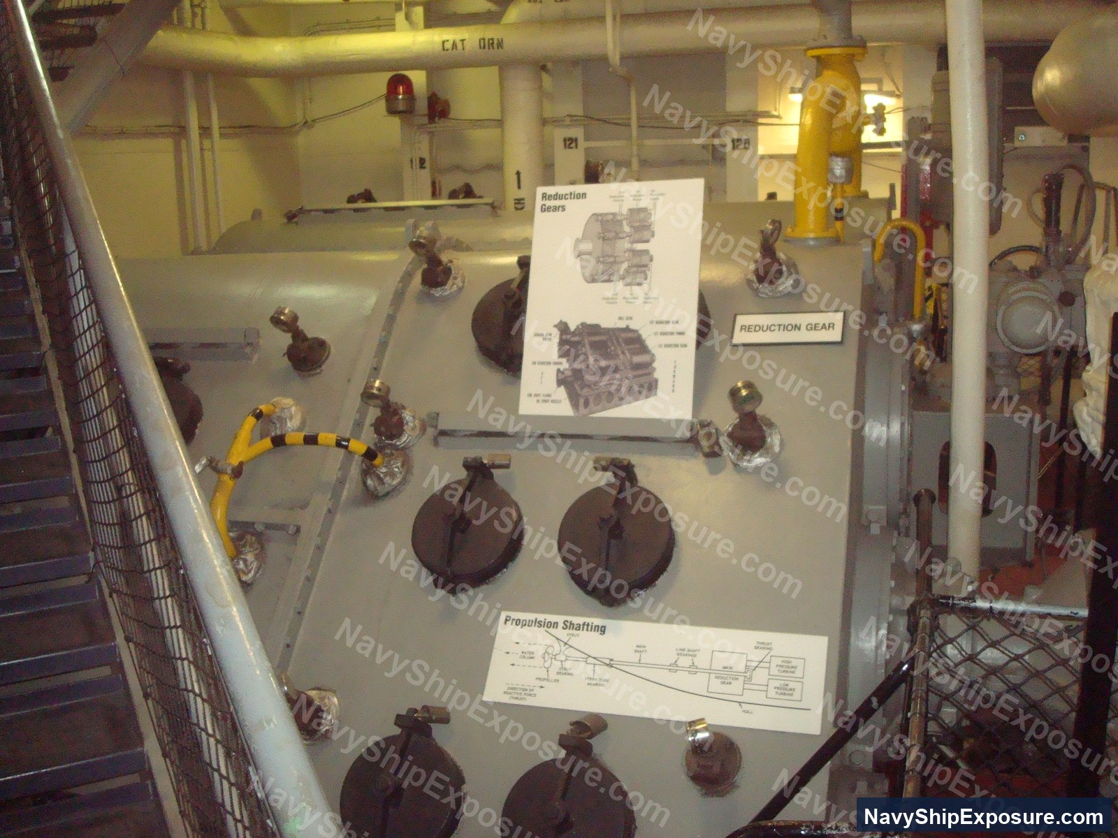Engine room or machinery space display showing reduction gears, propulsion shafting components, and associated naval machinery equipment from USS Midway (CV-41).