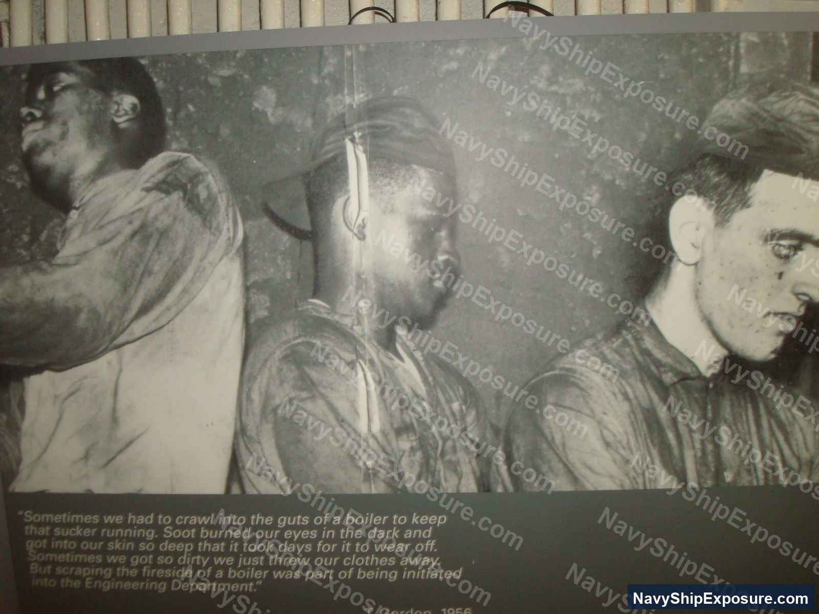 Historical testimonial from USS Midway Engineering Department personnel describing hazardous working conditions in boiler rooms, including exposure to soot and extreme heat during initiation procedures, circa 1956.
